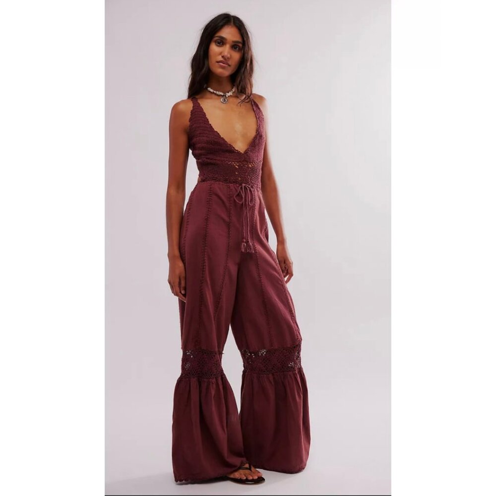 Free People Freya Crochet One Piece Jumpsuit in Brown XL NWT